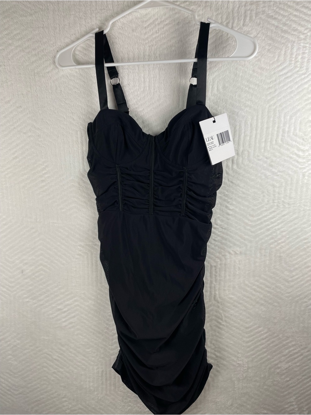 Leau Black Ruched Midi Dress with Adjustable Straps